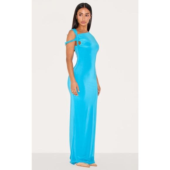 Pretty Little Thing Petite Blue Slinky Twist Shoulder Maxi Dress, size L, NWT! - Picture 3 of 12